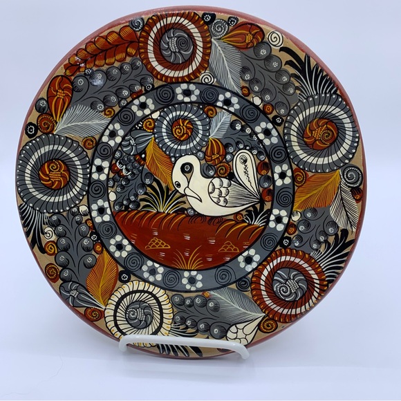 Mexican Folk Art Pottery Hand Painted Bird Wall Hanging Plate 9.75” - Picture 2 of 8